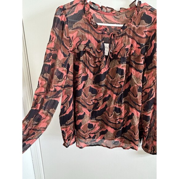 Cleobella  Multicolored Tie Neck Ruffle Accent Blouse Size Small Gold Black - Picture 3 of 7